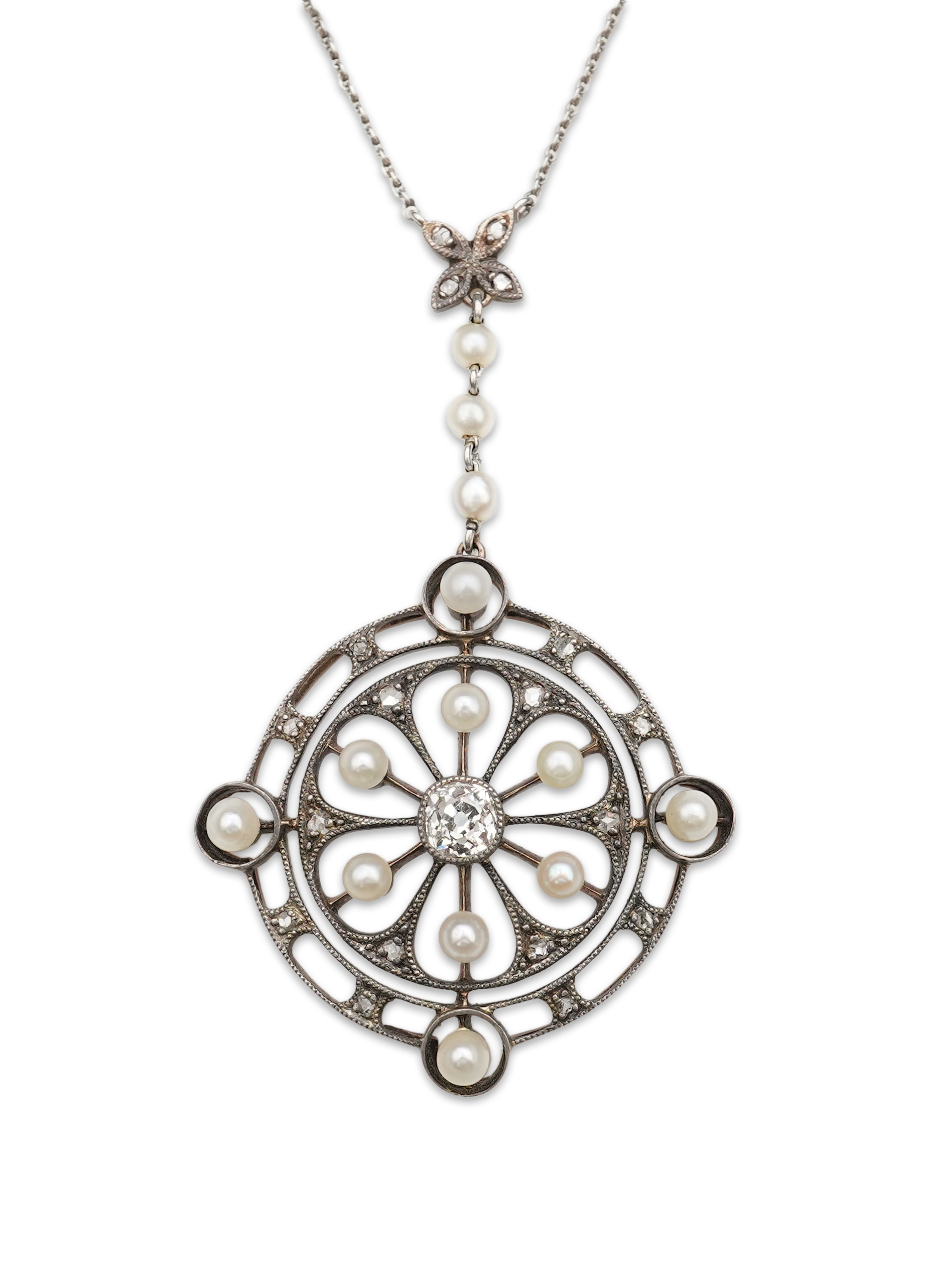 An Edwardian diamond and pearl pendant, early 20th century